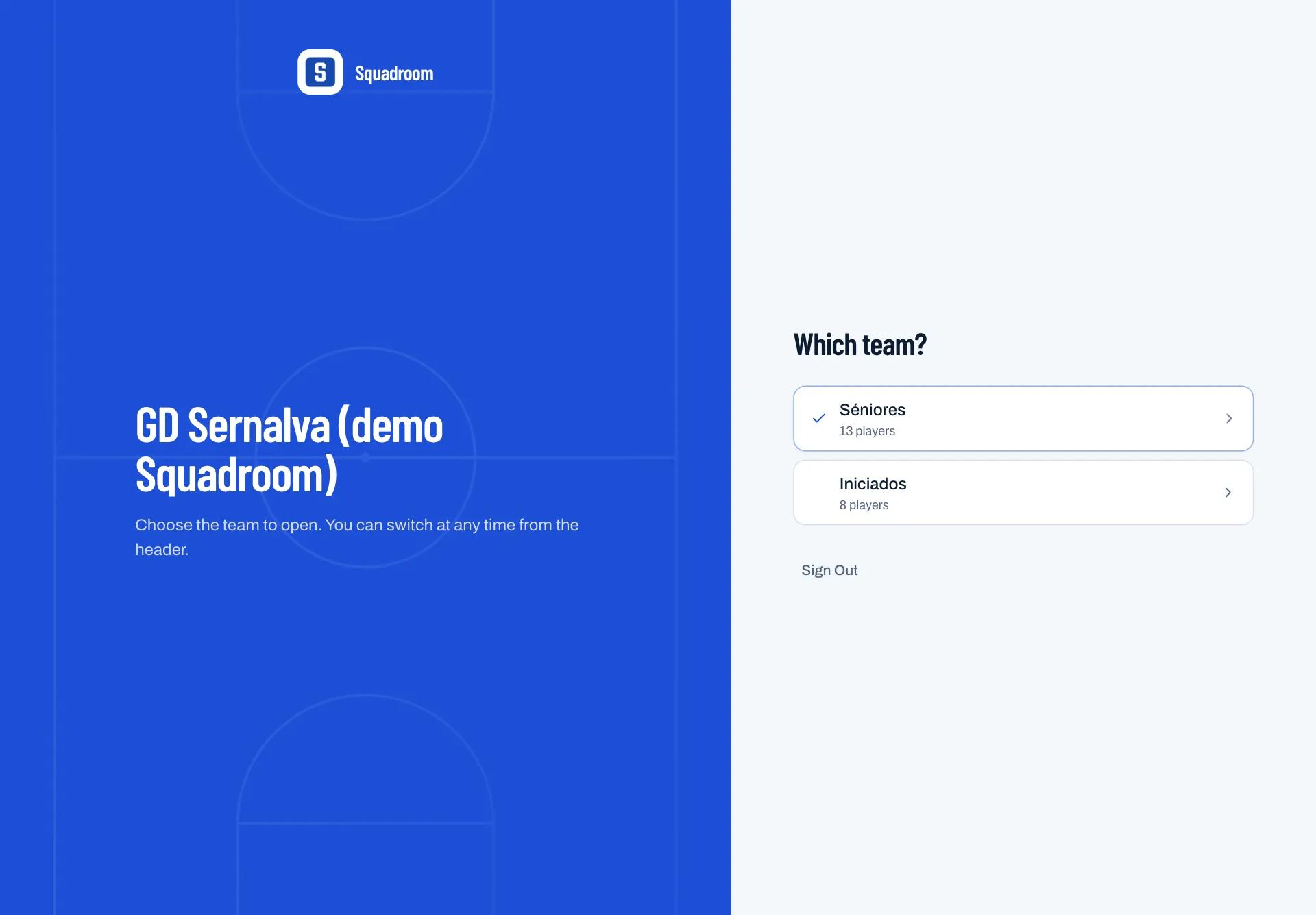 Squadroom asking which team to open: Séniores, 13 players, or Iniciados, 8 players.